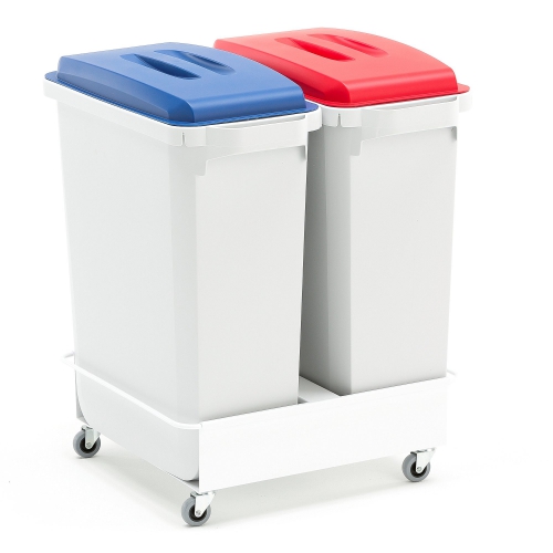 Zestaw Pojemników Na śmieci 2x60 L + Pokrywy Niebieski + Czerwony + Wózek